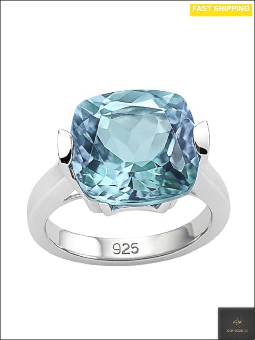 Natural Blue Topaz Cushion Cut Ring in 925 Solid Sterling Silver, Size 8,